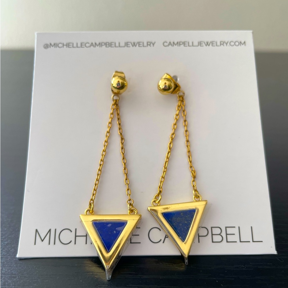 Michelle Campbell Tri Stone Inlay Dangle Earrings Lapis Gold Plated Modern